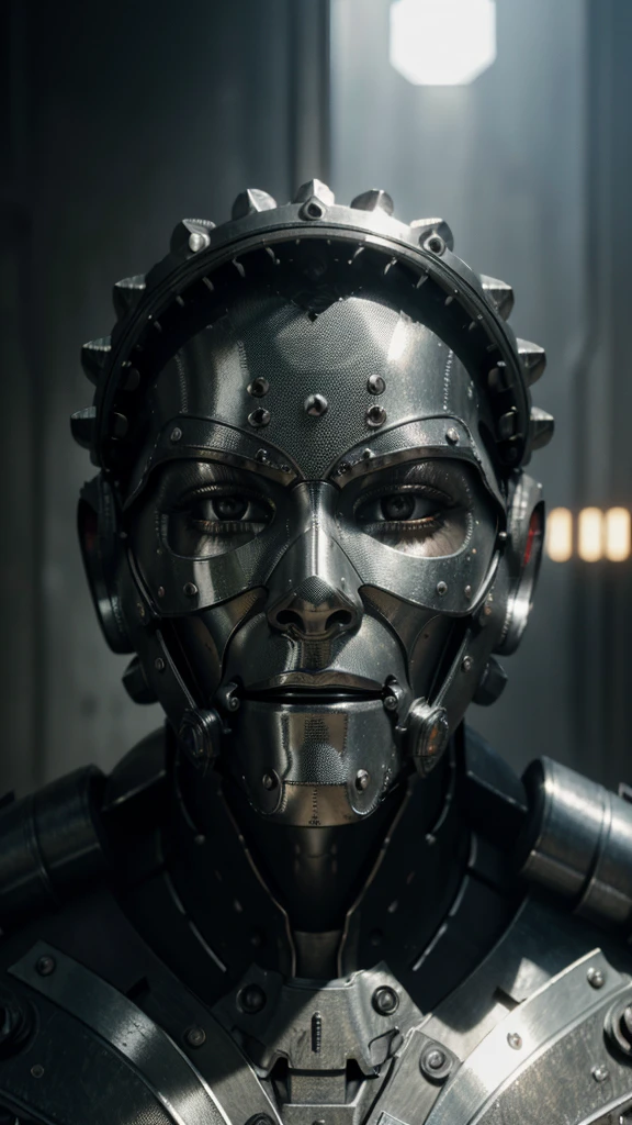 a highly detailed metal sculpture, intricate metalwork, reflective chrome surface, shiny metallic textures, industrial machinery, gears and cogs, complex mechanical design, futuristic technological aesthetics, dramatic lighting and shadows, cinematic composition, photorealistic rendering, 8k, masterpiece, ultra-detailed