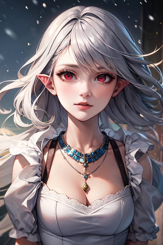 {{masterpiece}},Highest quality,Very detailed,Very detailed CG ユニティ 8k 壁紙,An illustration, One girl, Red eyes, Wavy silver hair, Pointed Ears, vampire, dress, necklace, Hair Flowers, snow, ice, whole body, shot,High Close-up, Very detailed,Center Frame,Sharp focus, View your viewers, Floating Hair,