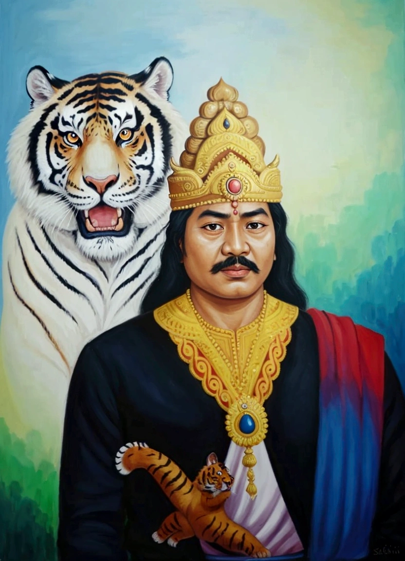 painting of a man with a tiger on his shoulder, by I Ketut Soki, inspired by Kailash Chandra Meher, raden saleh, inspired by I Ketut Sok, inspired by Bholekar Srihari, javanese mythology, inspired by Bikash Bhattacharjee, by Sava Šumanović