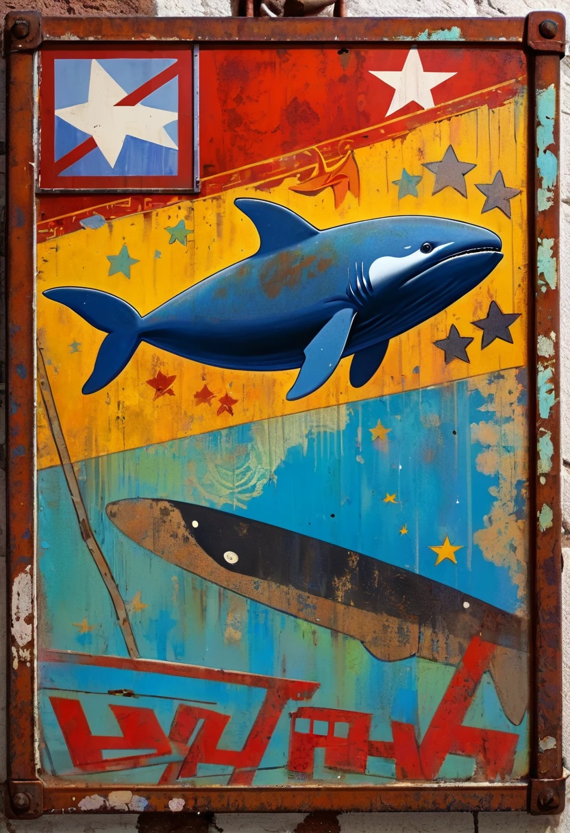 simple decorative rusty metal sign with a drawing of an 1killer whale and a 1communist star, artwork inspired by Dave McKean, vivid colors, intricate details, oil painting.
