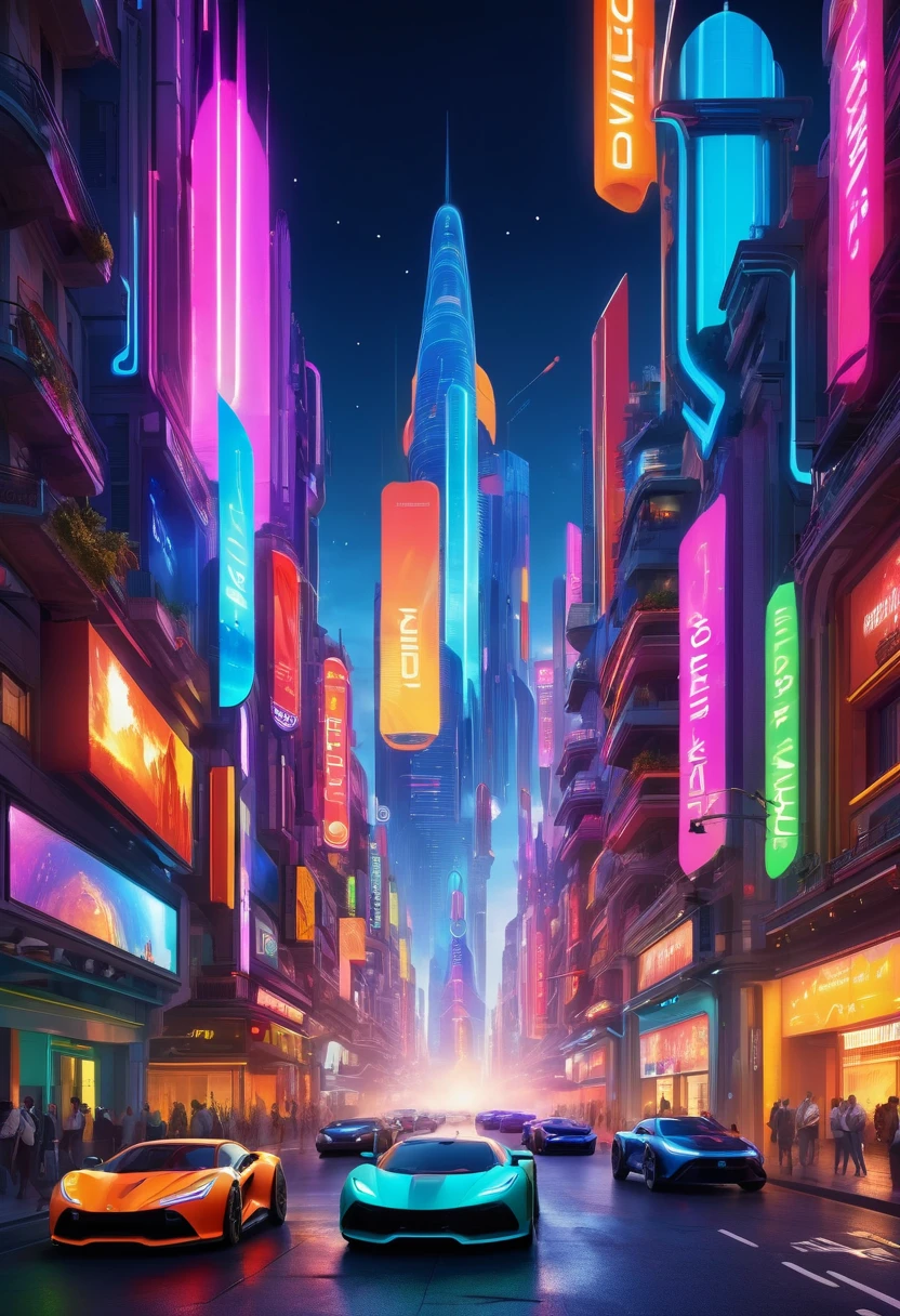 Ville colorée, Bâtiments futuristes, voitures volantes, néons, grand feu d'artifice, rues bondées, Atmosphère animée, des gens heureux qui célèbrent, superbe horizon, Technologie de pointe, gratte-ciel de grande hauteur, Panneaux d’affichage holographiques, couleurs éclatantes, Énergie dynamique, Décorations festives, transport avancé, Spectacle de lumière éblouissant, Ambiance joyeuse, Architecture moderne, paysage urbain éclatant, des gens portant des tenues futuristes, Ambiance de fête, Musique entraînante, Gadgets de haute technologie, ville illuminée de lumières vives, scène énergique et vibrante, célébration d'un nouveau départ, Paysage urbain futuriste, Avancées technologiques, Esprit festif, anticipation d'un avenir radieux, ambiance optimiste, des conceptions avant-gardistes, Expérience immersive, un feu d'artifice spectaculaire, Vue aérienne de la ville, marchés de rue animés, énergie positive, unité et convivialité, moments joyeux, un sentiment d'émerveillement et d'Excitation, grand spectacle, une ville qui renaît avec des possibilités infinies, espoir pour l'avenir, réaliste, ultra réaliste.