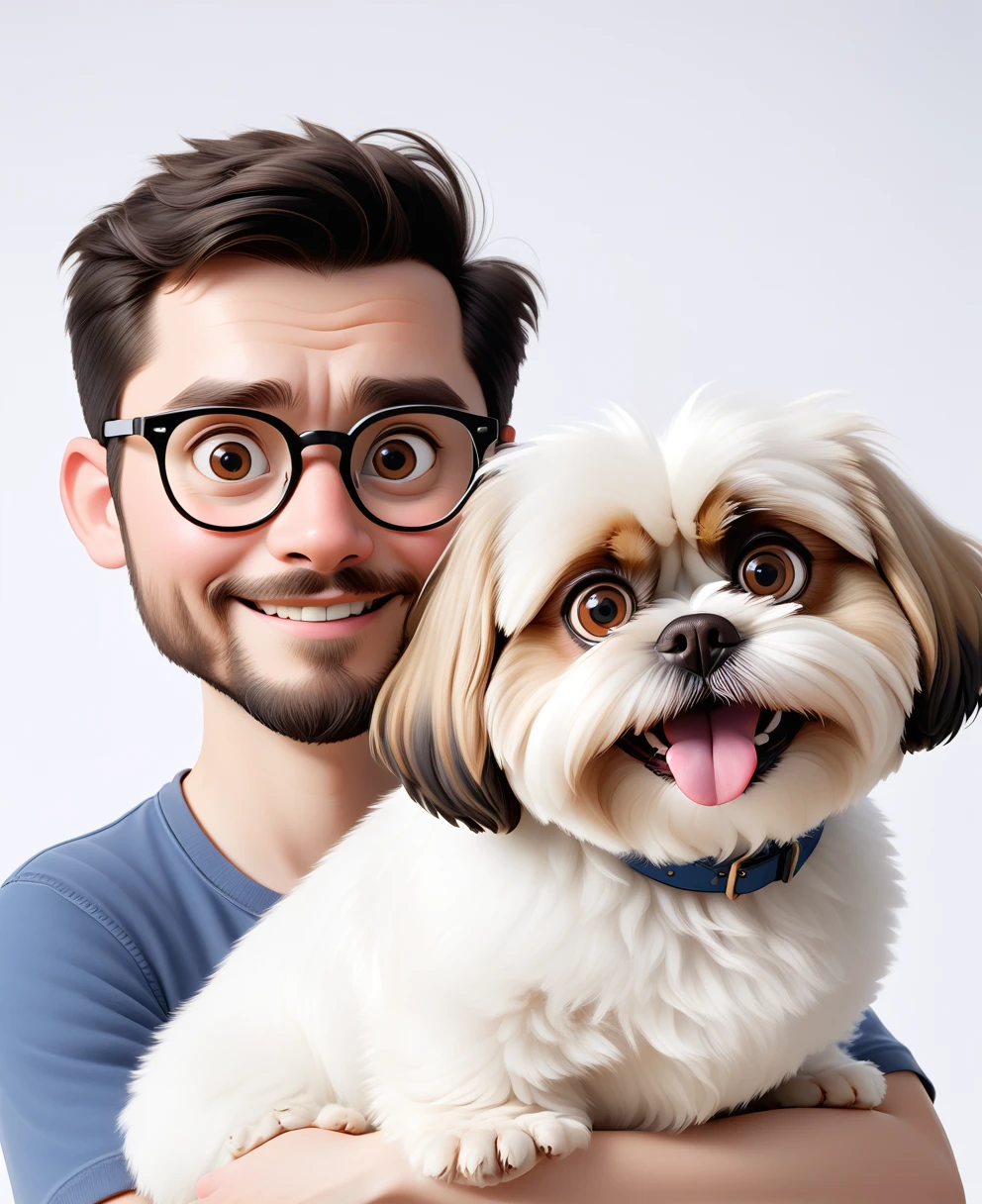 Create a Pixar-style image, realistic and Disney-inspired, depicting a 32-year-old white-skinned man with short black hair, clean and small beard, not smart either, slightly muscular. Beside him, a 27 year old blonde woman with long hair, wearing glasses, with completely tattooed arms. Both are accompanied by two Shih Tzu dogs; one with brown fur and the other with white fur and caramelized parts, both approximately 1 year old. Everyone is together, in a welcoming and cheerful setting