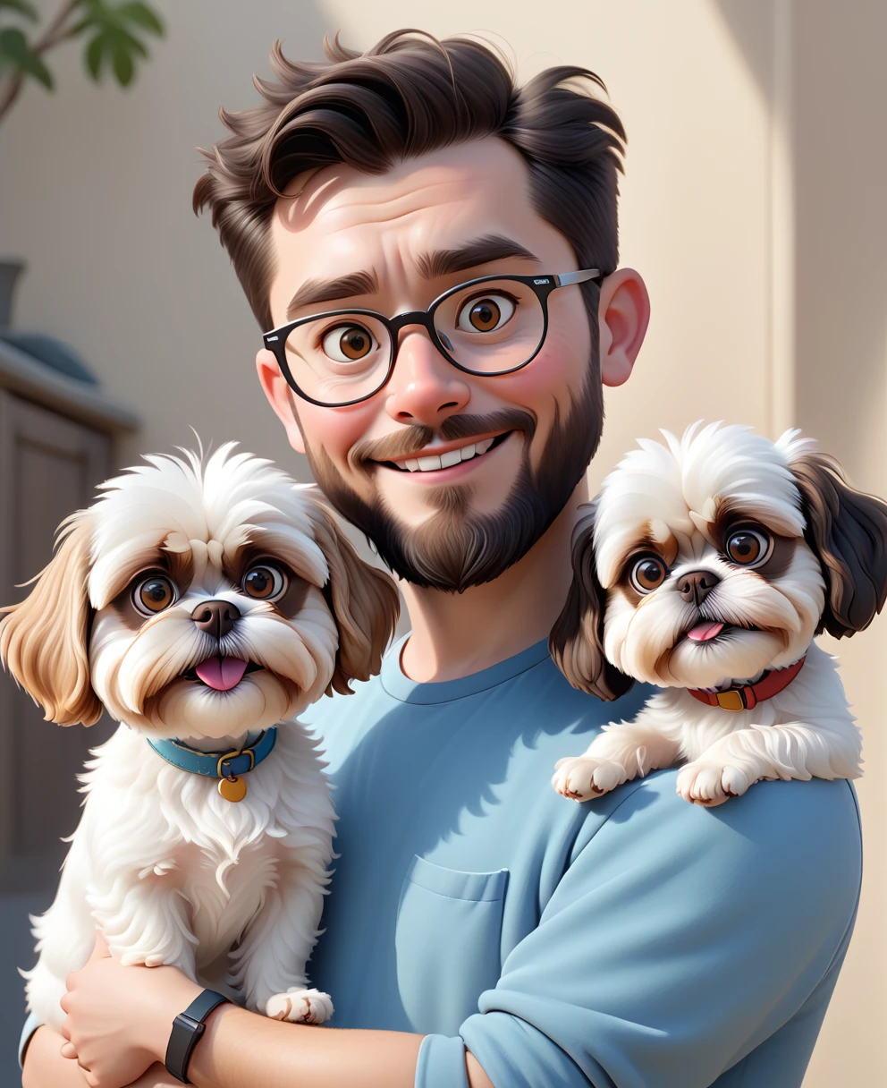 Create a Pixar-style image, realistic and Disney-inspired, depicting a 32-year-old white-skinned man with short black hair, clean and small beard, not smart either, slightly muscular. Beside him, a 27 year old blonde woman with long hair, wearing glasses, with completely tattooed arms. Both are accompanied by two Shih Tzu dogs; one with brown fur and the other with white fur and caramelized parts, both approximately 1 year old. Everyone is together, in a welcoming and cheerful setting