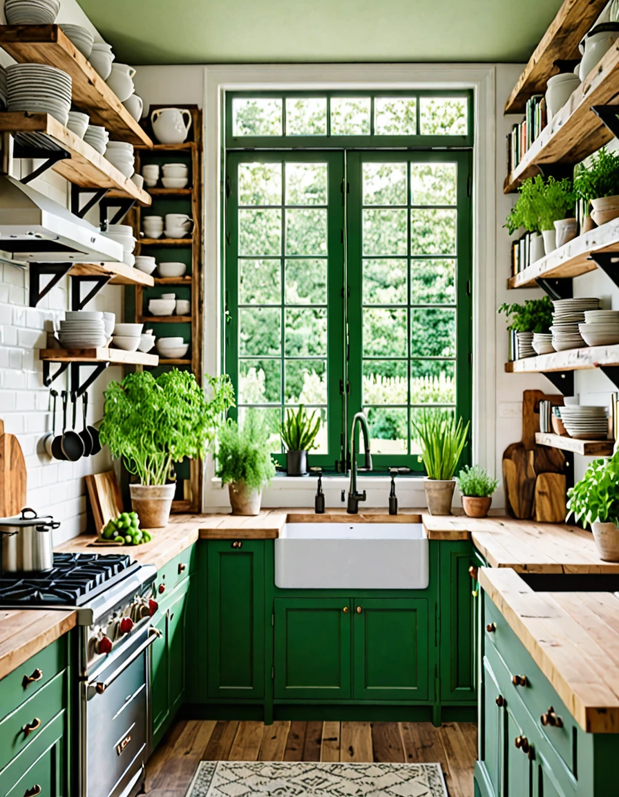 A charming kitchen space that combines books and greenery in a rustic setting. The kitchen includes green and white cabinets, wooden countertops, and a farmhouse sink. Books are stacked neatly on shelves alongside a variety of potted plants. Large windows provide ample natural light and a view of a thriving garden, enhancing the cozy and serene environment.
