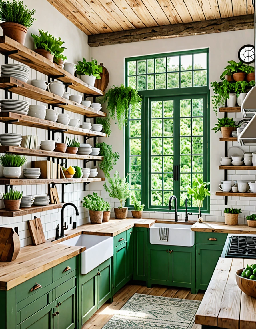 A charming kitchen space that combines books and greenery in a rustic setting. The kitchen includes green and white cabinets, wooden countertops, and a farmhouse sink. Books are stacked neatly on shelves alongside a variety of potted plants. Large windows provide ample natural light and a view of a thriving garden, enhancing the cozy and serene environment.