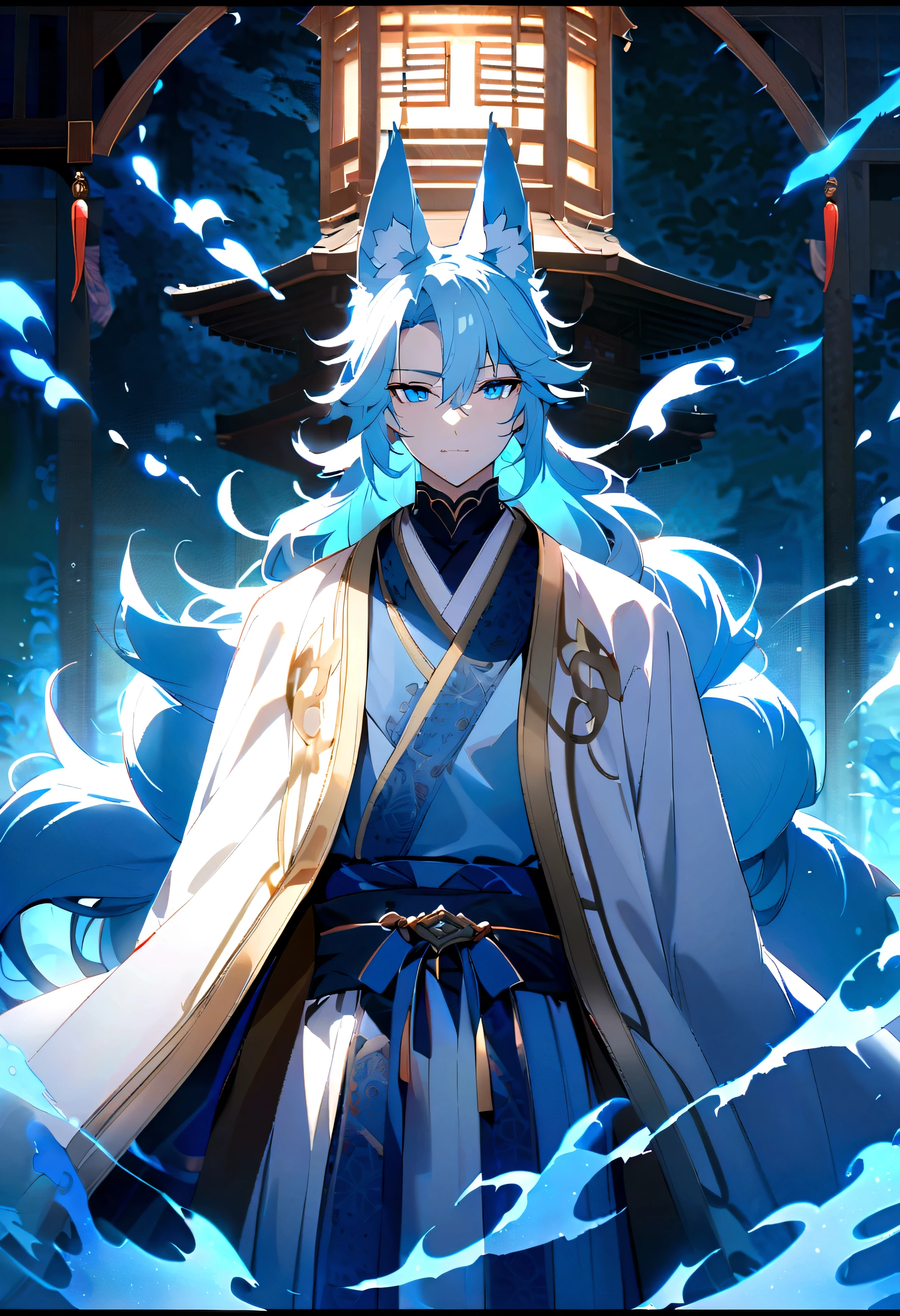 fox Light blue hair beast Boys Indigo fur fox beast Boys fox Light blue hair beast Boys Indigo fur fox beast Boys Wallpaper 4k,8K,Very detailed,Vibrant colors,water light,Black silhouette of a pagoda,Faint moonlight,Dense forest,Ethereal atmosphere,Dappled sunlight,Fantastic,Calm expression,Exquisite Hanfu and belt,Exquisite hand-painted details,Glowing eyes Anime style fox blue White-faced golden-haired nine-tailed fox Coat blue face Mysterious Background blue flame Boys There is a light ball Anime style fox blue White-faced golden-haired nine-tailed fox Coat blue Mysterious Background blue flame Boys There is a light ball face
