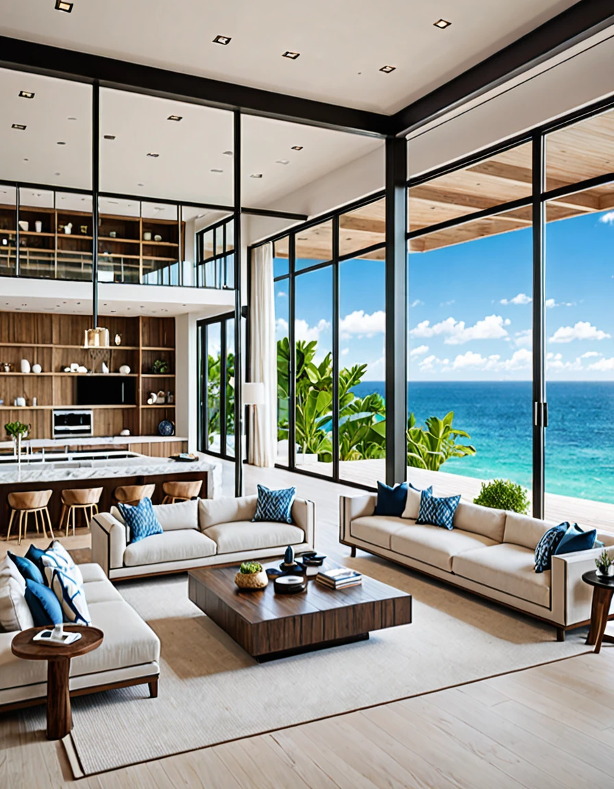 A luxurious beachside living space featuring an open-plan design with a seamless blend of indoor and outdoor elements. The interior boasts large windows that provide breathtaking ocean views, a cozy seating area with a built-in jacuzzi, and a modern kitchen located on a mezzanine level. Natural light floods the room, highlighting the greenery from the potted plants placed around the space. The overall atmosphere is serene and inviting, perfect for relaxation and enjoying the coastal scenery