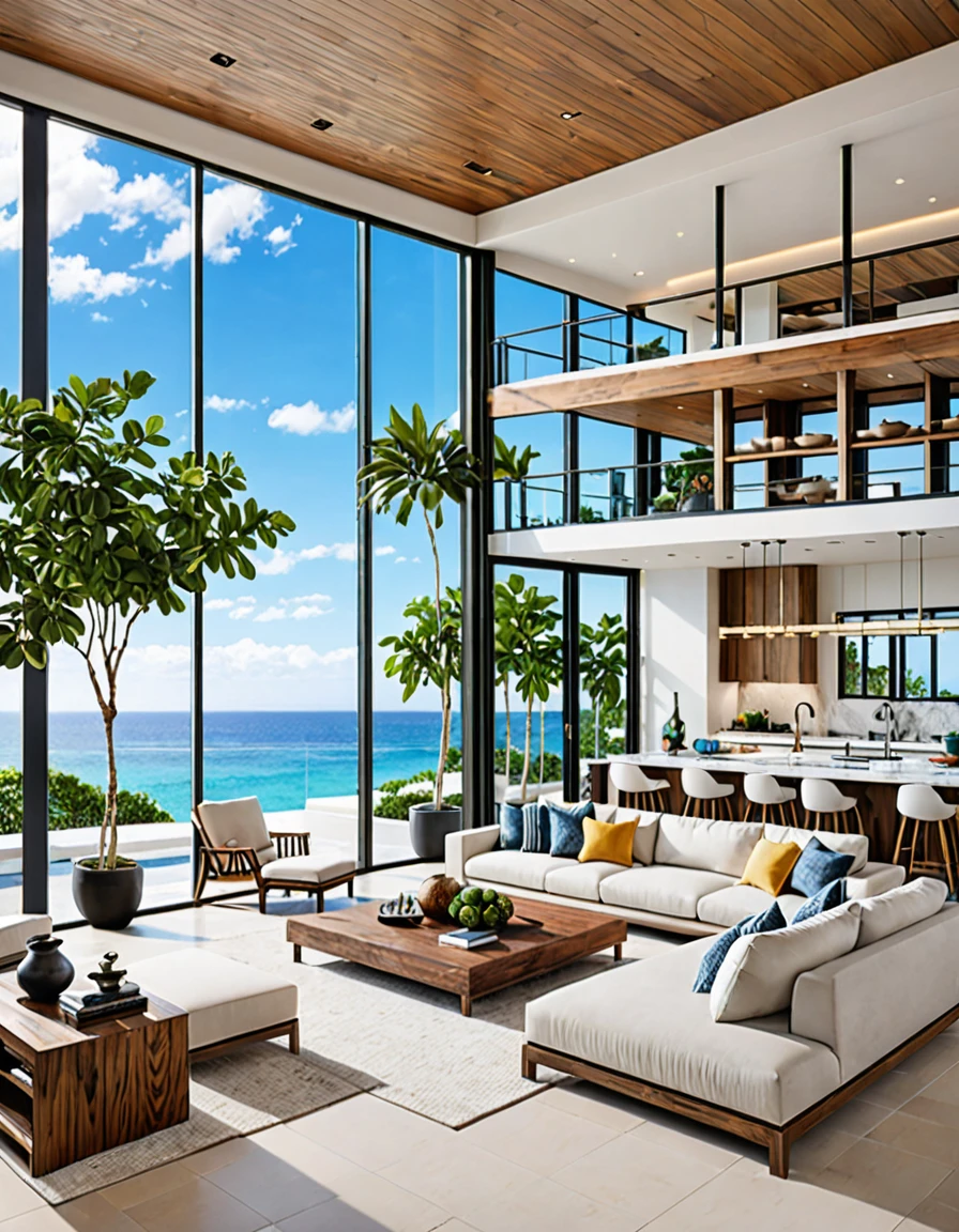 A luxurious beachside living space featuring an open-plan design with a seamless blend of indoor and outdoor elements. The interior boasts large windows that provide breathtaking ocean views, a cozy seating area with a built-in jacuzzi, and a modern kitchen located on a mezzanine level. Natural light floods the room, highlighting the greenery from the potted plants placed around the space. The overall atmosphere is serene and inviting, perfect for relaxation and enjoying the coastal scenery