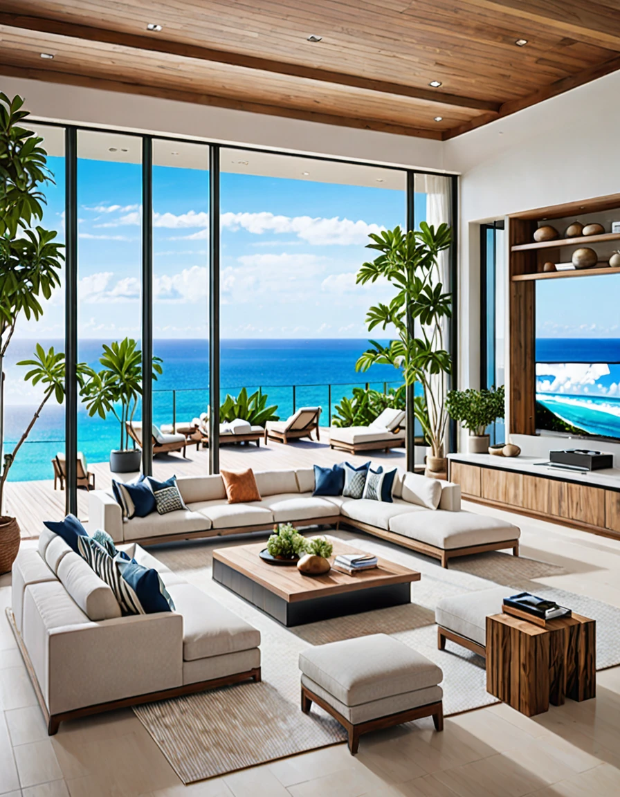 A luxurious beachside living space featuring an open-plan design with a seamless blend of indoor and outdoor elements. The interior boasts large windows that provide breathtaking ocean views, a cozy seating area with a built-in jacuzzi, and a modern kitchen located on a mezzanine level. Natural light floods the room, highlighting the greenery from the potted plants placed around the space. The overall atmosphere is serene and inviting, perfect for relaxation and enjoying the coastal scenery
