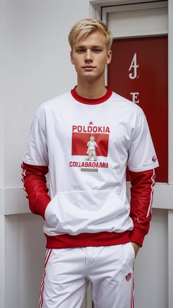 a blond man in white and red fans' clothes, the inscription "Polska Górą" can be seen in the photo