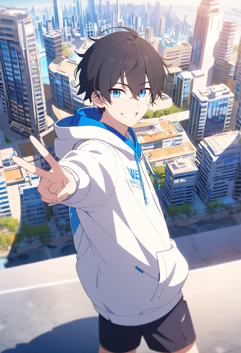 masterpiece,best quality,depth of field,8K,looking at the viewer,,I made a V with my hands,running shoes,black hair,blue eyes,afternoon,man,hands in pockets,smiling,alone,Handsome,(charismatic eyes 1:1),wseifuku,Black jacket over white hoodie,hooded,Future city,man