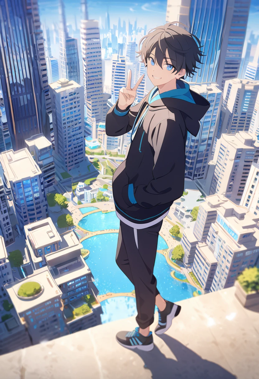 masterpiece,best quality,depth of field,8K,looking at the viewer,,I made a V with my hands,running shoes,black hair,blue eyes,afternoon,man,hands in pockets,smiling,alone,Handsome,(charismatic eyes 1:1),wseifuku,Black jacket over white hoodie,hooded,Future city,man