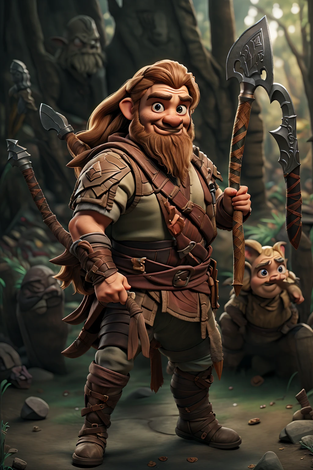 ((best quality)), a barbarian dwarf, holding axe, killing goblin