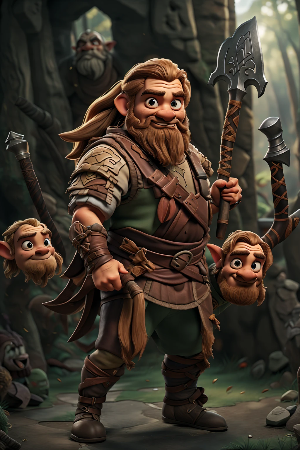 ((best quality)), a barbarian dwarf, holding axe, killing goblin