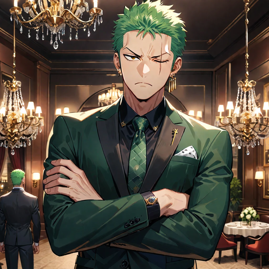 roronoa zoro, male focus, 1boy, green hair, formal, solo, scar across eye, suit, crossed arms, necktie, jewelry, earrings, scar, short hair, scar on face, chandelier, looking at viewer, one eye closed, shirt, frown, alternate costume, ((medium quality)), ((medium quality))