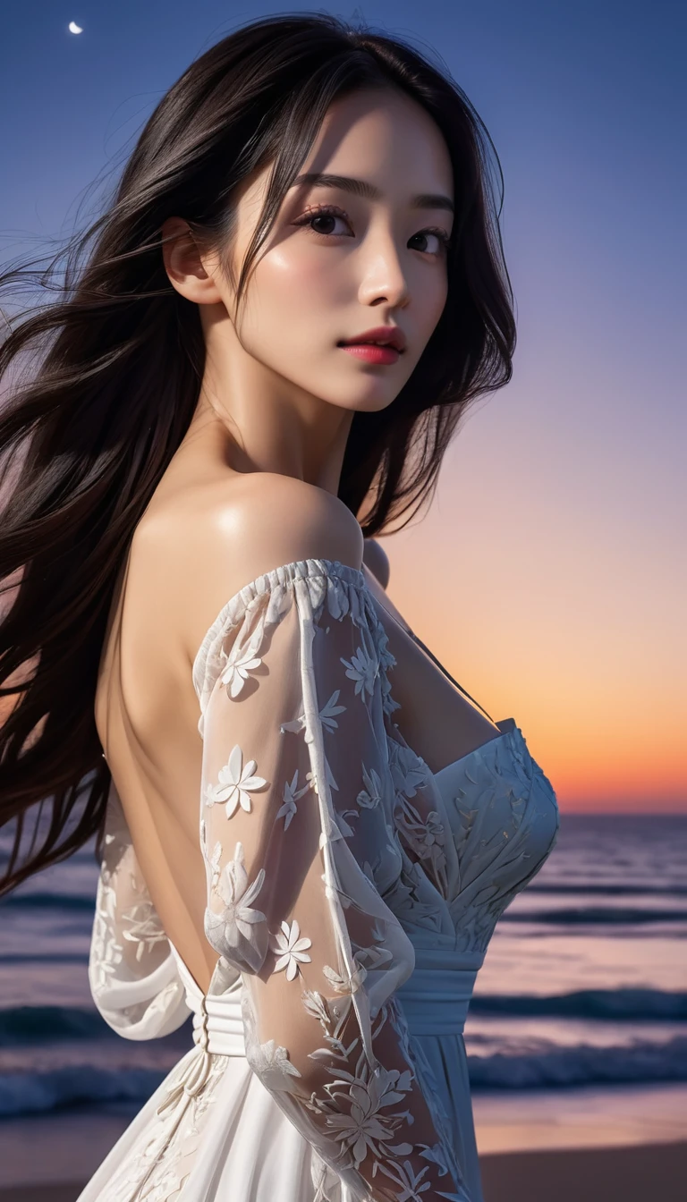 4K resolution, 8K resolution, beautiful, Highest quality, Absolutely wonderful, Very detailed, Ultra-high resolution, masterpiece, RAW Photos, Realistic, Depth of written boundary, Cinematic Light, 
One elegant mature woman, 
Long black hair, 精巧なディテールのbeautiful顔, A calm and loving face, 
Transparent white skin, Very sensitive skin, 
Great proportions, Glamorous Body, Anatomically correct body, Shapely large breasts, Shapely ass, Firm thighs, 
Resort Long Dress, Summery design, Beautifully detailed pattern, Detailed cloth texture, 
Night sky background, Dark sandy beach at night, 
((Low angle shot:1.5)), ((Perspective from the bottom:1.5)),