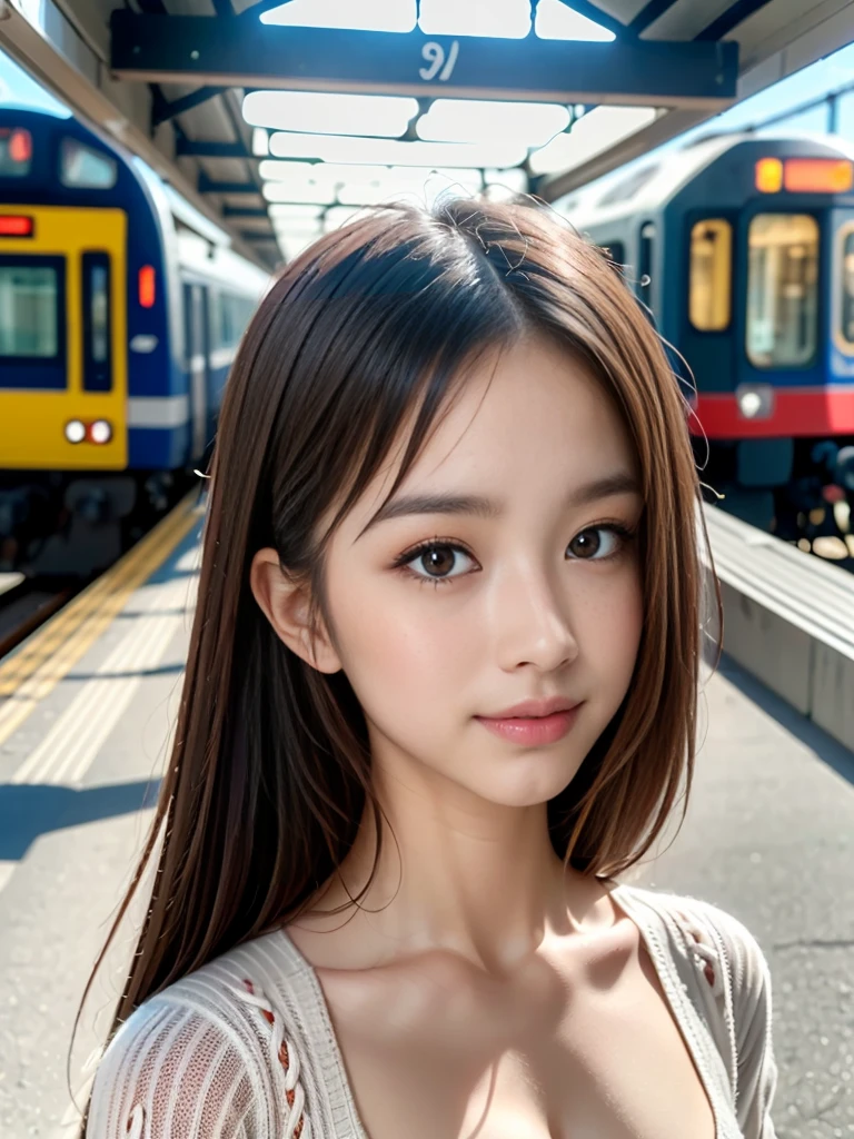 (Highest quality, Realistic, photo-Realistic:1.3, masterpiece:1.3, CG, Unity, 8K, wonderful, In detail, Super detailed, Realistic texture with attention to detail, Super detailed, Highly detailed CG illustrations, Very delicate and beautiful),  (Cute and delicate face), (One girl), alone, Face Focus, Beautiful woman, Age 25, (Small breasts,Cleavage), ponytail, Floating dark brown hair, Detailed lips, Dark brown eyes, Fine grain, （double eyelid）,Thin eyebrows, (Symmetrical, clear eyes:1.5), Glossy Lips, compensate, (The background is a train station:1.3, A woman is waiting for a train), break, (Open-neck sweater:1.5), (Very short shorts), (Beautiful legs), (Dynamic pose:1.3), A shy smile:1.2, Full Body Shot:1.3