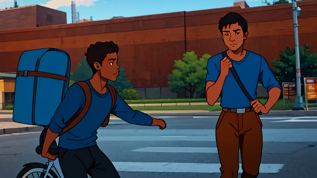 Young black boy, blue shirt, blue backpack, Brown pants, with bicycle 