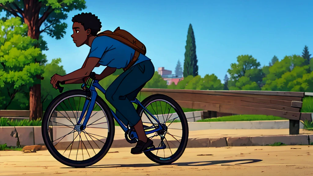 Young black boy, blue shirt, blue backpack, Brown pants, with bicycle 