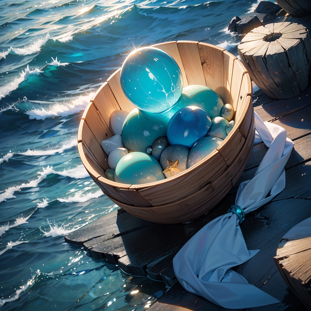 Visualize a stunning blue ocean stone pendant resting on a weathered wooden table, bathed in the soft glow of candlelight. Picture the pendant's smooth, polished surface reflecting the hues of the sea: deep azure, turquoise, and hints of green that shimmer like sunlight dancing on waves. Surrounding it, seashells and driftwood accents enhance the coastal theme, evoking a sense of tranquility and connection to the natural world. Capture the serene beauty and mystical allure of this pendant, suggesting a story of distant shores and the timeless mysteries held within the depths of the ocean