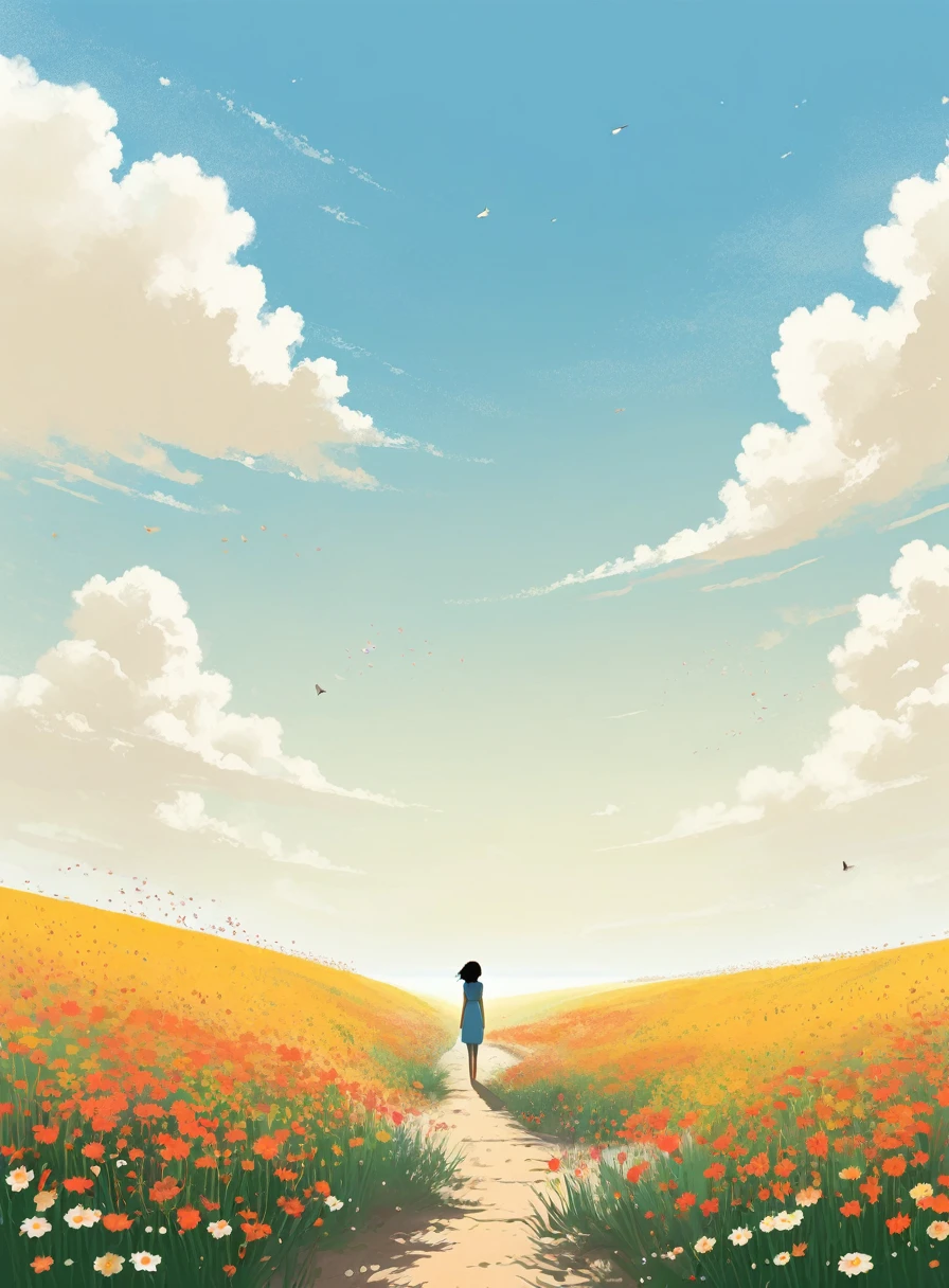 Minimalist Journey, Sea of Flowers,solitary, 1 girl looking up at the sky, Minimalism, In the savannah, illustration.