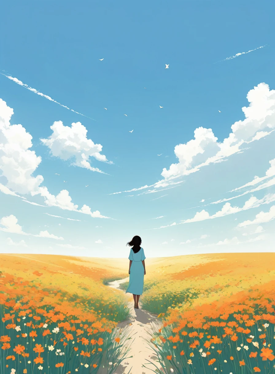 Minimalist Journey,  Sea of Flowers,solitary, 1 girl looking up at the sky, Minimalism, In the savannah, illustration.