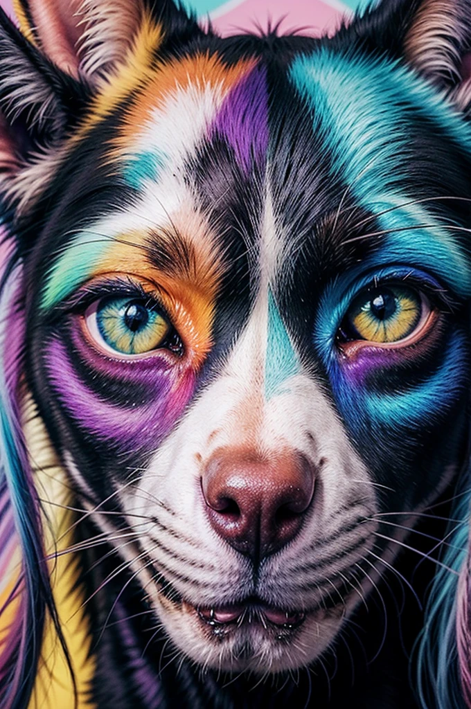 a close up of a dog with a colorful face on a blue background, lisa frank style, in the style of lisa frank, by Lisa Frank, inspired by Lisa Frank, highly detailed bright colors, psychedelic art style, portrait of Lisa Frank, in a lisa frank art style, trends in pixart”, ultraviolet and neon colors, vibrant and mind-blowing colors, EXTREMELY COLORFUL
