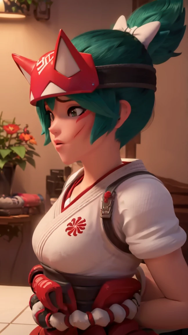  (owkiriko), kiriko \(overwatch\), green hair:0.7, red fox helmet, red sneakers, outside, blushing, underwear, lingerie, ass, , nsfw, bending over, sexy, bra