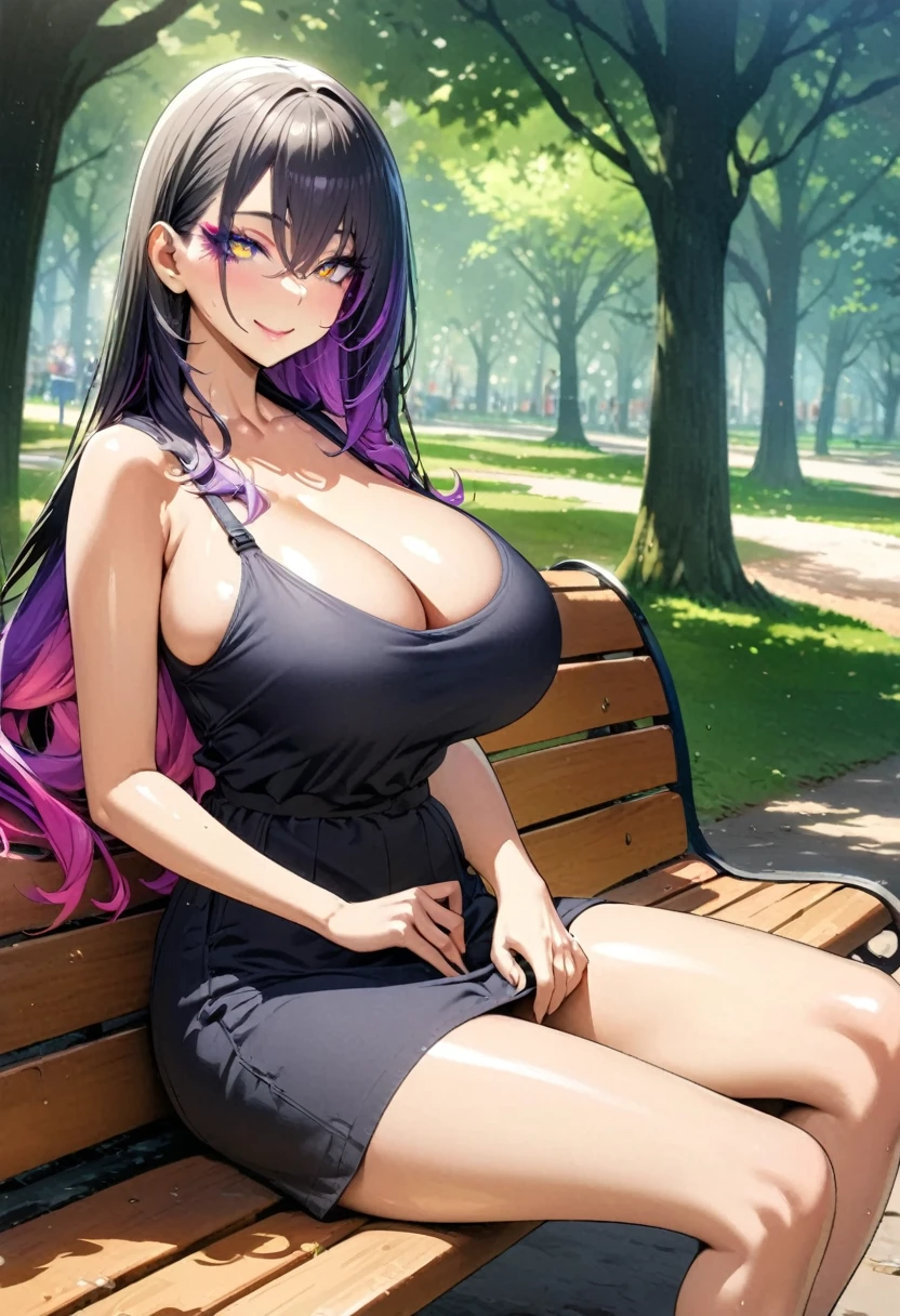 (best quality), (very aesthetic), (ultra-detailed), (best illustration),perfect body, fine texture, colorful long hair, ,Shiny hair,(large breasts1.5), colorful eyes, eyes makeup, ,Inside the park,bench,sit on a bench,smile