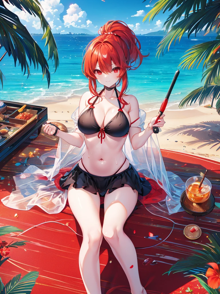 Parasol, food, basket, flip flops, vinyl sheet, Beaches and sands, Calm expression, Perfect hands, elder, Red Hair, The dignity of a 50-year-old, 落ち着きのあるwoman, solo、(Highly detailed background:1.0)、(Highly detailed background:1.0)、masterpiece、Highest quality、(Babes)、Fractal Art、Red eyes、Narrow eyes、Sexy black and red swimsuit, Reddish cheeks、Tropical Sea、From the shoulders up、Recall、smile、One Woman、Three-dimensional clouds、Venice beach, Red Ponytail, Red eyes,スタイリッシュなアクセサリーsolo, Big Breasts, woman, Take-out, Provocative laughter,40 year old woman,Queen of Sadism, Highly detailed background, Great writing style, Sit with both hands outstretched, Splash, Diffuse reflection of light, Perfect Human Medicine, Water breathing, Bare Skin, barefoot, Sweat,