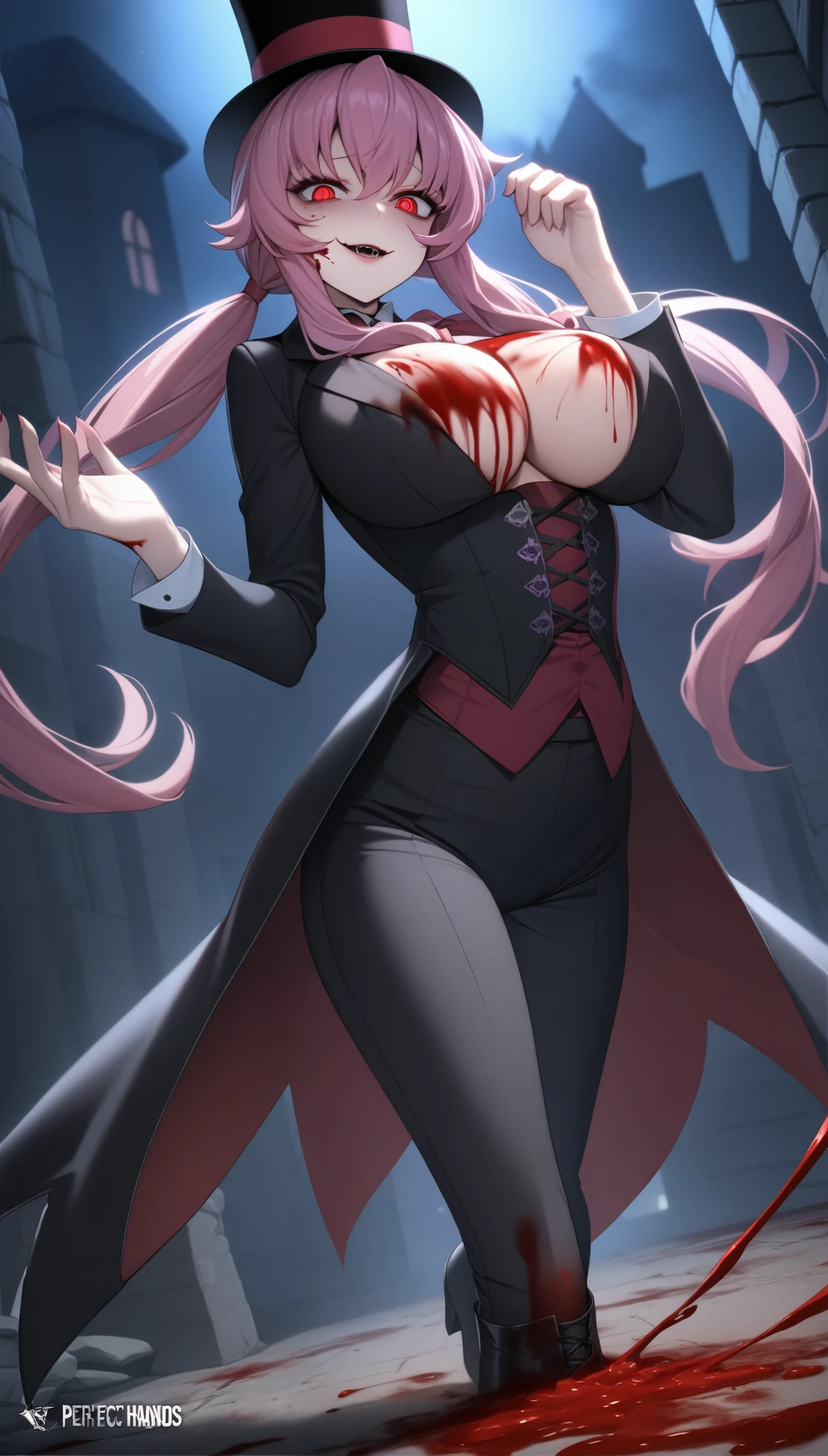 sexy, (1girl:1.7), solo, yuno gasai, long hair, pink hair, smile, low twintails, yuno gasai, (Black, Lilien Tailcoat Black Pure Rose:1.37), (large breasts:1.5), 1girl, red eyes, (night:1.1), (evil eyes:1.1), Ladies Lace Up Boots, blood, (black trousers:1.1), (out door:1.5), (top hat:1.5), (evil:1.5), jack the ripper, (blood on body:1.5), (evil eyes:1.4), killing, ((masterpiece)), (((best quality))), 4k,(perfect hands:1.8)