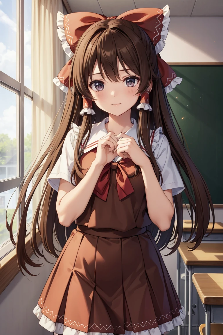 Reimu Hakurei, (Brown eyes:1.5), Brown Hair, bow, hair bow, Hair Tube, Long Hair, red bow, Side Lock, (((Slender body)))、(Girls' School Uniform)、classroom、
Cowboy Shot,Smile Break (masterpiece:1.2), Highest quality, High resolution, unity 8k wallpaper, (figure:0.8), (Beautiful attention to detail), Highly detailed face, Perfect lighting, Highly detailed CG, (Perfect hands, Perfect Anatomy)