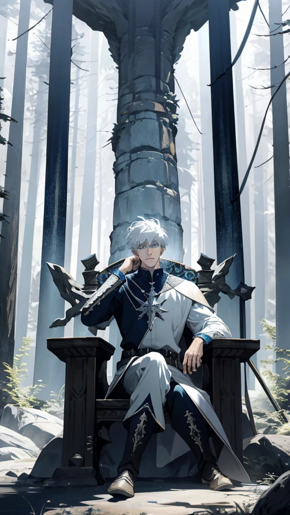 White haired, a man sits on at rock throne, ruinscape forest background, and white medieval outfit, blue eye, Masterpiece, Best Quality, Ultra-detailed, illustartion, concept art in 8K resolution, Fantasy art, epic art, concept art wallpaper 4k, Deep color, natural lighting