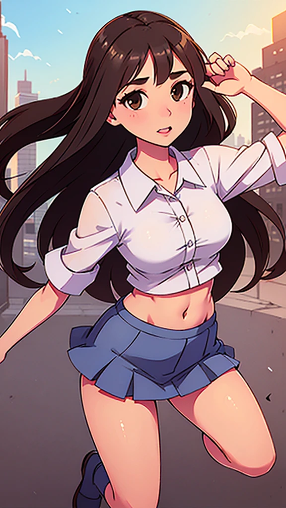 A girl with light skin, sexy, cute, leaders, long brown hair, her brown eye, wears a pink button-down blouse, shows her navel, and a short blue skirt, black shoe, and she travels, flying, sky, city background.