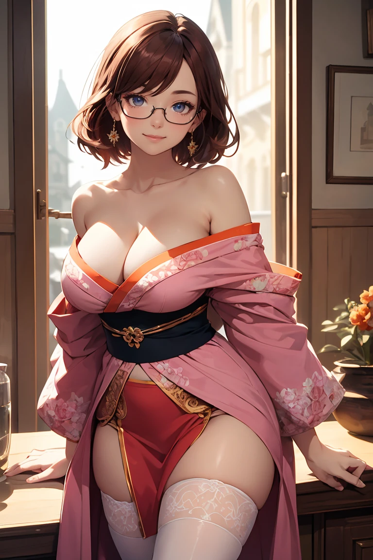 (Masterpiece, Best Quality, High Quality), professional artwork, well drawn, Intricate Details,solo,in village glasses, afternoon , ultra detail hair, ultra detail face, perfect eyes, earring, Looking at Viewer, pink clothes , strapless,off shoulder kimono, cleavage, white thighhighs, thighs gap,dark orange hair , standing, smile