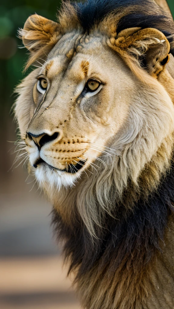 The face of an adult lion animal , serious, with a small scar on his nose with his hair,looking directly into the camera defiantly. High definition image, 4k, from the front looking at the camera