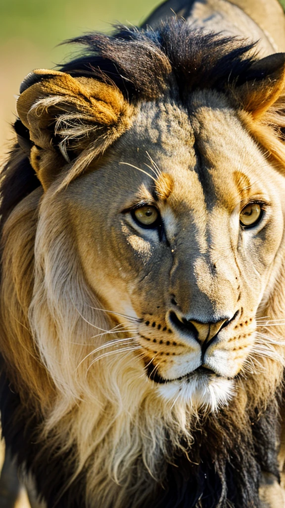 The face of an adult lion animal , serious, with a small scar on his nose with his hair,looking directly into the camera defiantly. High definition image, 4k, from the front looking at the camera