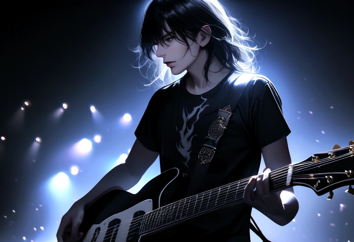 Rock bands. Caucasian guitarist, thin, Very long with black hair, His passion for black and white electric guitar. Playing on a professional stage with lights, haze, screen & flame. A hyper-realistic , profesional lighting, Upper body