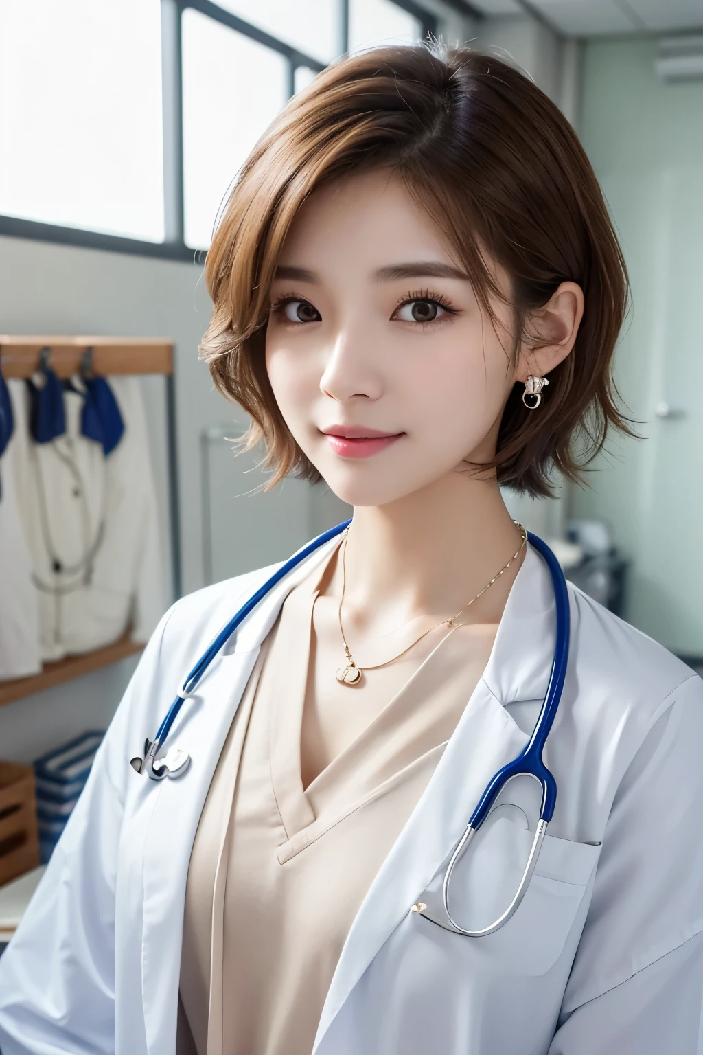 Beautiful young woman、 Korean women、Light brown hair、Necklace around the neck、White、Doctor's clothing、Stethoscope、Wavy Hair、short hair、Intricate details, Very detailed:1.2), 、 Looking into the camera,The background is the inspection room..、ear piercing
