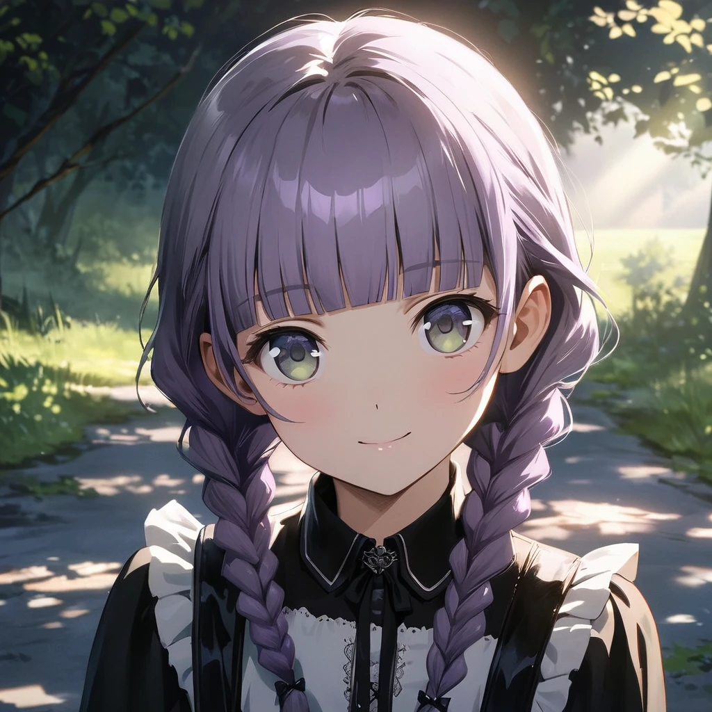 (Cute a girl:1.5), (masterpiece:1.3), anime visual,  (Lovey-dovey:1.5), (tilt head:1.3), extremely delicate face, realistic lighting and shading, (an extremely delicate and beautiful art:1.3),15 years old,smiling,(pale purple wavy and blunt bangs braids hair,green and black eyes,portrait:1.5)from front,fullbody shot,full body shot,White brim, black gothic maid outfit, black knee-high socks, leather shoes, outdoors,morning lit,