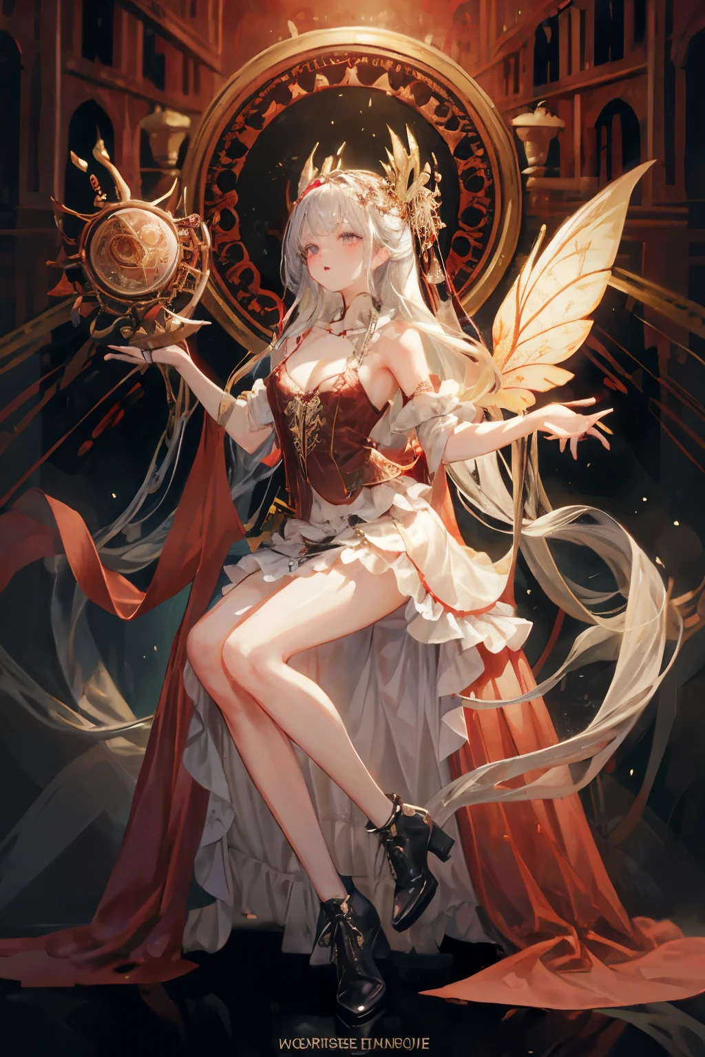 ((best quality)), ((masterpiece)), (detailed), 1girl, Character design, NSFW, scholarly female, scholar, female scholar, educator, teacher, fortune teller, palm reader, astrology, astrological symbolism, star reading, celestrial theme, heavens, heavens above, constellations, blood magic, blood mage, dynamic poses, long white grey hair, grey white eyes, very skinny, detailed, best quality, no accesoires around the neck, no shoes, prominent collarbones, skinny arms, flat stomach, visible hip bones, full body, blank white background, plain background, white background, red and white clothing, Bloodborne inspired, occult aesthetic, occult, detailed and intricate steampunk and detailed gothic, NSFW, Fluttering lace flared long knee length dress with frilly petticoats, knee length dress, pleated petticoats, petticoats gothic, complex lace boots, gothic aesthetic, wielding a mighty sword with mechanical components, mandalas, small breasts, a fairy, various different types of insect wings, bug wings, beetle wings, NSFW, full body, whole body, body, chains,