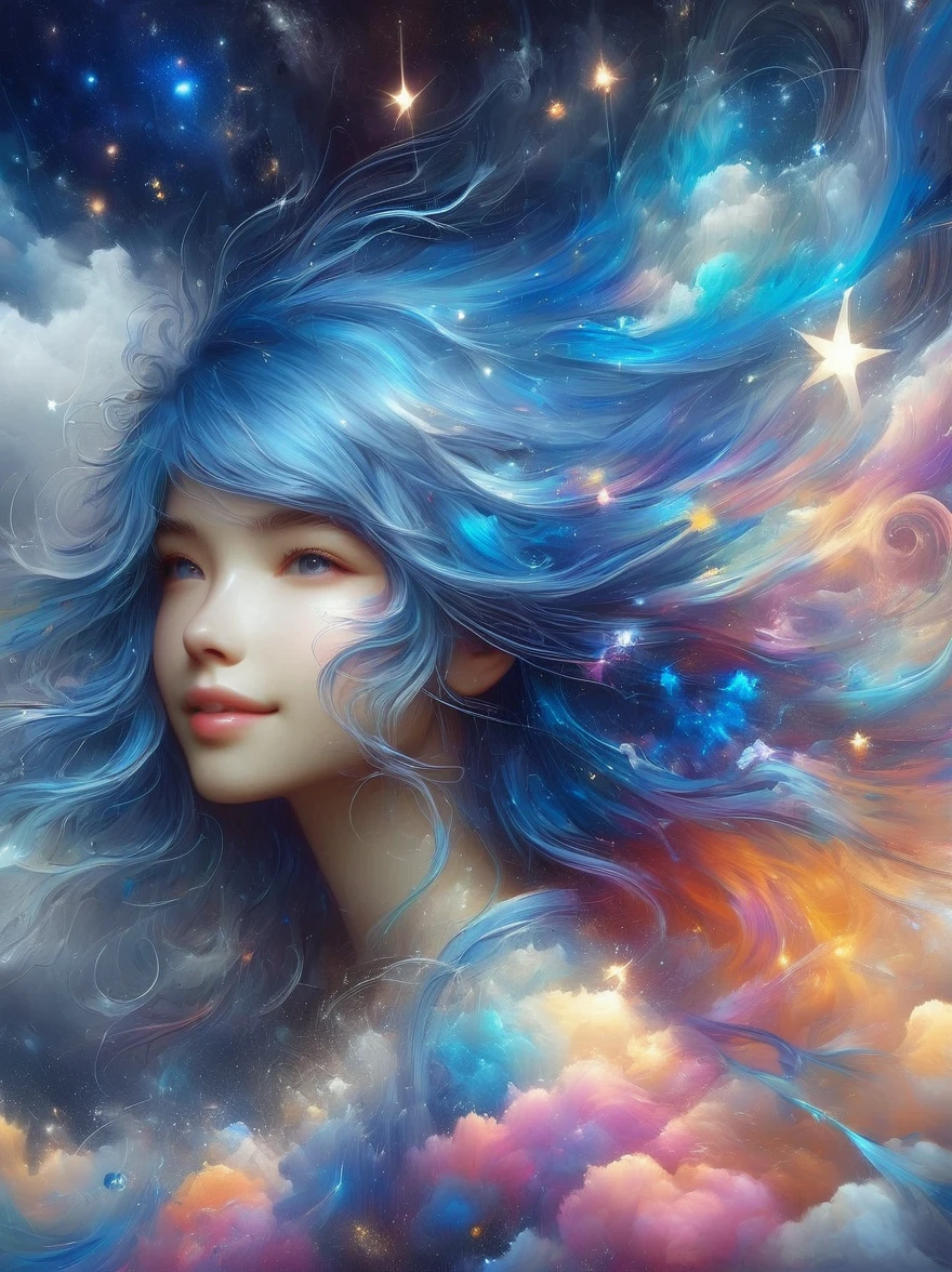 1xknh1, masterpiece, best quality, Aesthetic, fantasy, illusion, 1 Girl, Solitary, cute女孩的照片, detailed face, Relaxed smile, charming, 不symmetry头发, Swaying hair, Electric blue hair, glow, cloud, color斑斓的天空, Star, shattered, Space style, Vortex Magic Style, Silva Magic Style, legendary, outstanding, Beautifully, elegant, luxury, Creative, beautiful classic contemporary detailed cinematic composition, Expressive and dynamic dramatic atmosphere, Spectacular lighting, symmetry, detailed, 丰富的color, Environmental background, Inspiring, cute、magnificent、Clarity、Wonderful、Surreal、Perfect、complex、color, Astonishing, epic, huge, imposing, amazing, strange, fascinating, huge