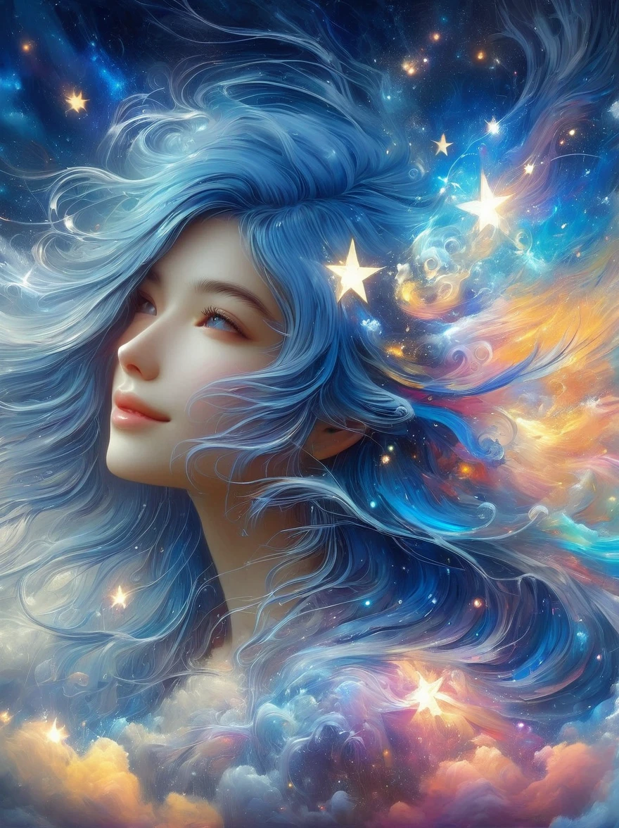 1xknh1, masterpiece, best quality, Aesthetic, fantasy, illusion, 1 Girl, Solitary, cute女孩的照片, detailed face, Relaxed smile, charming, 不symmetry头发, Swaying hair, Electric blue hair, glow, cloud, color斑斓的天空, Star, shattered, Space style, Vortex Magic Style, Silva Magic Style, legendary, outstanding, Beautifully, elegant, luxury, Creative, beautiful classic contemporary detailed cinematic composition, Expressive and dynamic dramatic atmosphere, Spectacular lighting, symmetry, detailed, 丰富的color, Environmental background, Inspiring, cute、magnificent、Clarity、Wonderful、Surreal、Perfect、complex、color, Astonishing, epic, huge, imposing, amazing, strange, fascinating, huge