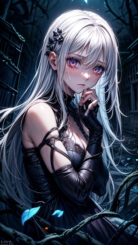 (best quality,high resolution,Super detailed,lifelike:1.2),dark abyss background，underground world,sinister,girl in rags，crying emoticon，shed tears，white hair，face close-up,Extremely pale skin,lifeless skin,holding bright red flowers,apocalyptic,ruined medieval town,building collapse,Cracked surface,ominous clouds,blood moon,The ground cracks,dead tree,Overgrown vines,Behind me are huge blue glowing vines，Spooky shadows,eerie silence,The wind howling in the distance,ominous atmosphere,deserted street,falling petals,unforgettably beautiful,Loneliness is in the air,Lost souls wander,Weaving a web of despair,Darkness prevails,Embrace the unknown.