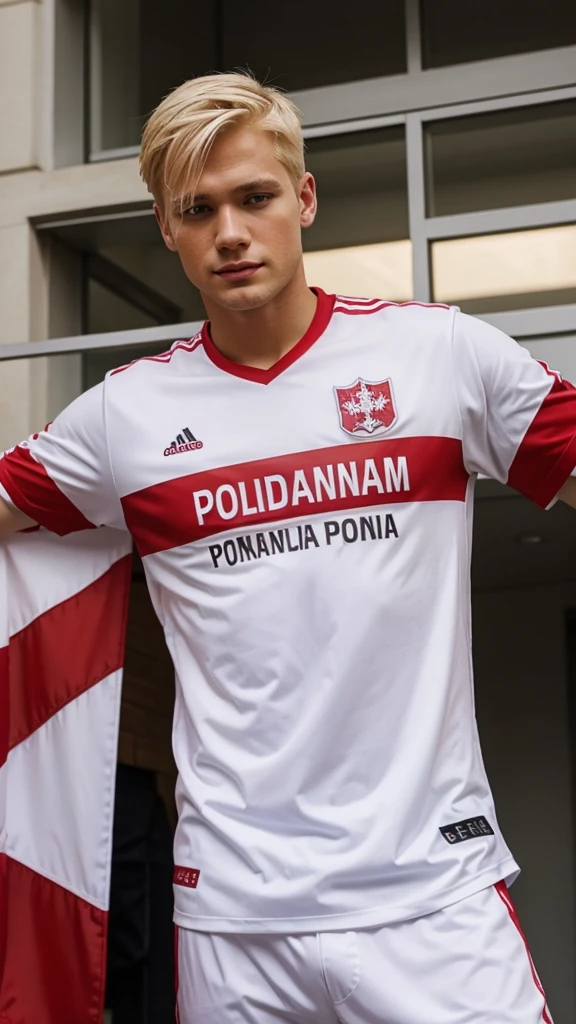 a blond man in white and red fans' clothes, the inscription "Poland Top" can be seen in the photo