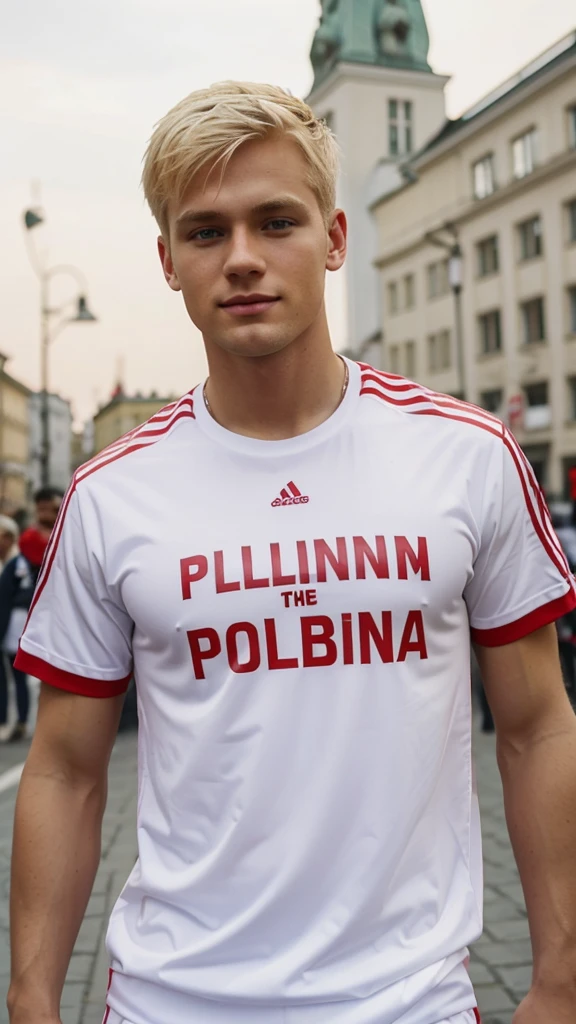 a blond man in white and red fans' clothes, the inscription "Poland Top" can be seen in the photo