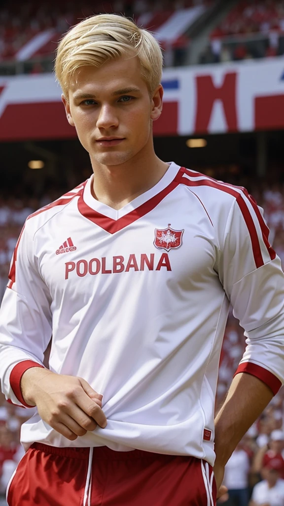 a blond man in white and red fans' clothes, the inscription "Poland Top" can be seen in the photo