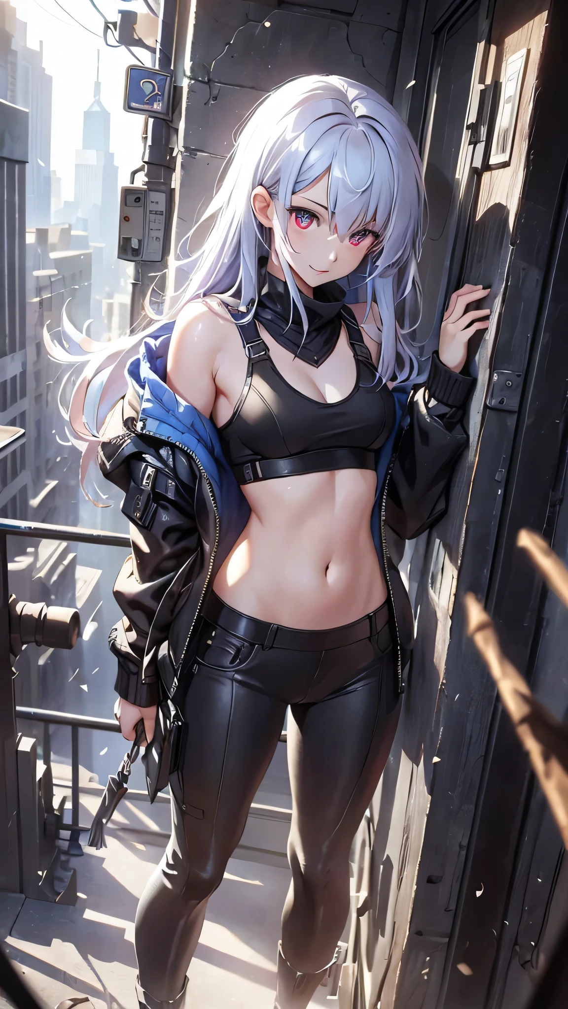 Highest quality、Highest quality、Masterpiece、girl((20-year-old、as soon as、Highest Bust、Medium Bust、Wide open chest、Red glowing eyes、Light Silver Hair、Disheveled Hair、Loincloth、thin、The best valley、Open chest、Full body view、Colorful tank top、Colorful Pants、Smile、Leaning forward greatly))、high quality、Beautiful Art、background((Bright Cities))、flight、Flying Debris、Depth of text、movie、Visual Arts、Perfect Art、8K、Genuine、