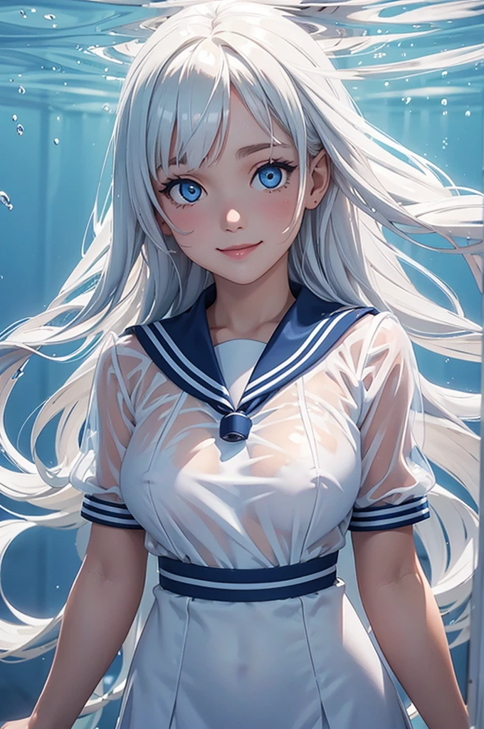 (see through:1.3),white seraph,sailor suit, white theme,, sailor suit, look at viewer, madness, long messy hair, Beautifully detailed eyes,I shine,Dramatic angle,blue sailor collar, perky breasts,smile softly,Some underwater pictures...