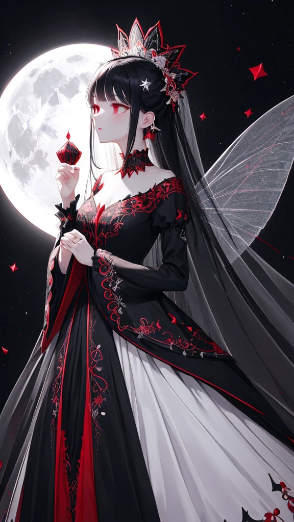 pouf dress, Black and white wedding fashion dress design "Haute Couture" fairy charming fancy fantastic theme black embroidery with some ruby red details embroidery folds, Red and Black, level。Layer, Layer, Layer、evil、Star、Moon、Fog and wind dark pattern, Surrealism, Conceptual art, Futurism, Hyperrealism
